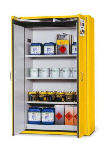 asecos Feuerbeständiger Gefahrstoffschrank G 1201 mit 3 Einlegeböden und Flügeltüren, gelb-0