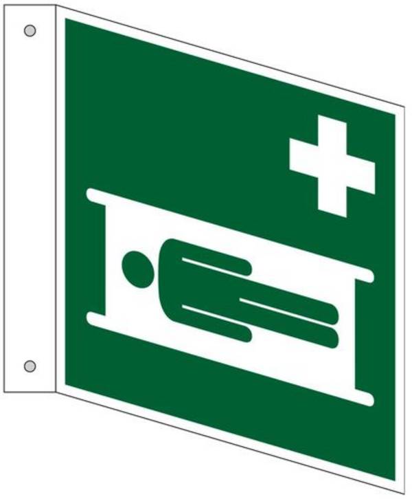 Fahnenschild "Krankentrage", ISO 7010, Aluminium, langnachleuchtend, 200 x 200 mm, VE = 5 Stück