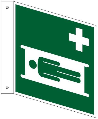 Fahnenschild "Krankentrage", ISO 7010, Aluminium, langnachleuchtend, 200 x 200 mm, VE = 5 Stück-0