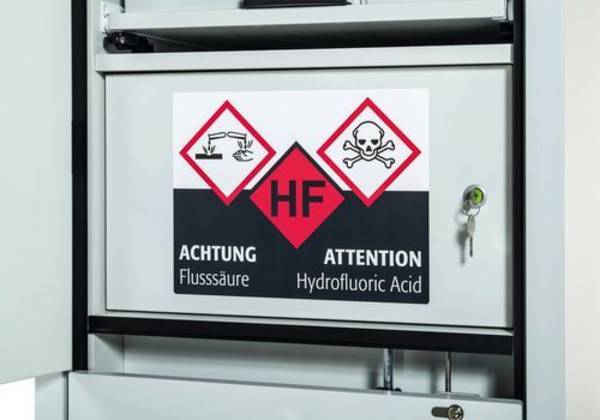 asecos Säuren- und Laugenschrank SL-Plus, mit 5 Tablarauszügen, 1 Flusssäurefach, Tür rechts
