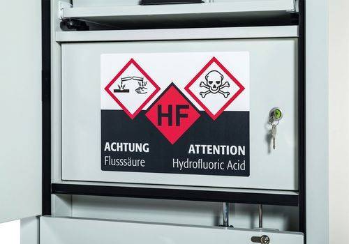 asecos Säuren- und Laugenschrank SL-Plus, mit 5 Tablarauszügen, 1 Flusssäurefach, Tür rechts-0