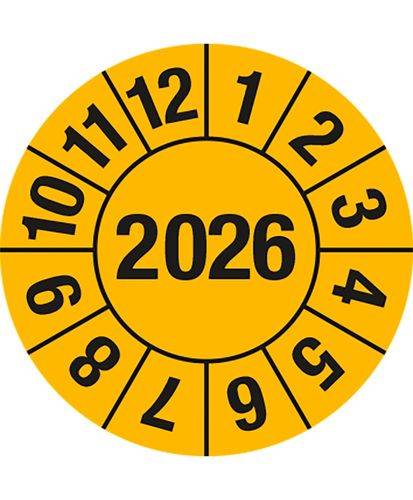Prüfplakette "2026", gelb, Folie, selbstklebend, 30 mm, VE = 5 Bogen à 15 Stück-0