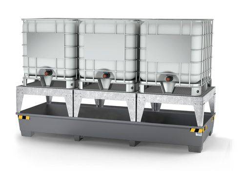 Auffangwanne pro-line aus Stahl für 3 IBC, lackiert, 3 Abfüllböcke-1