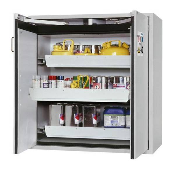 asecos Feuerbeständiger Gefahrstoffschrank Edition, 3 Auszugswannen, grau, One-Touch, H 1300 mm