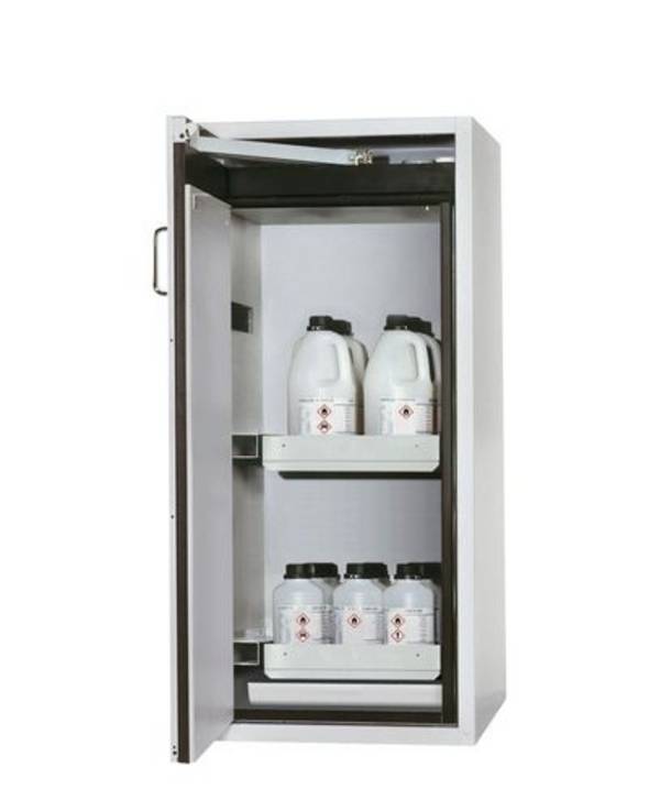 asecos Feuerbeständiger Gefahrstoffschrank Edition, 2 Auszugswannen, Türanschlag rechts, grau