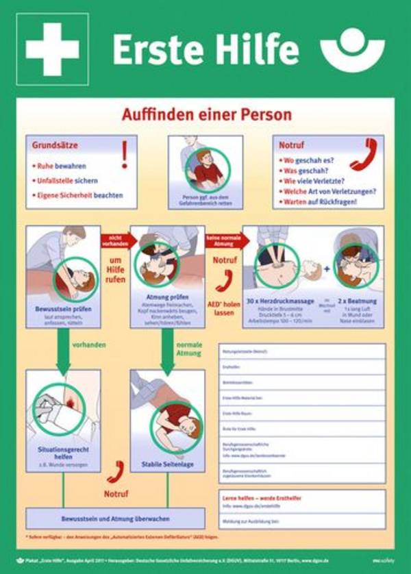 Sicherheitsaushang "Anleitung zur Ersten Hilfe bei Unfällen" aus Kunststoff, 400 x 560 mm