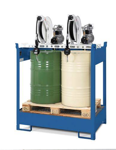 Öl-Abgabestation mit Wanne für 2 Fässer, 2xElektropumpe, Schlauchaufroller 10m, Zapfpistole,Zähler-0