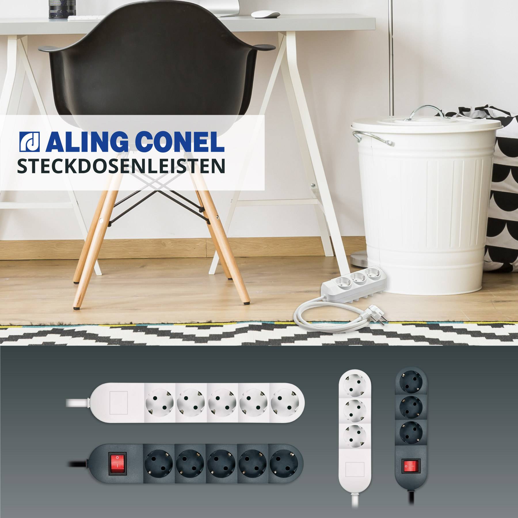 ALING-CONEL 5-fach Schutzkontakt Steckdosenleiste 16A/ 250V~ (1,5m Verbindungskabel) mit Kinderschutz Weiß (RAL 9003)-1