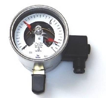 Edelstahl- Sicherheits- Kontaktmanometer, waagerecht, Klasse 1,0, Ø 100,0 mm G 1/2 Zoll 0/40 bar Anzeige 1-0