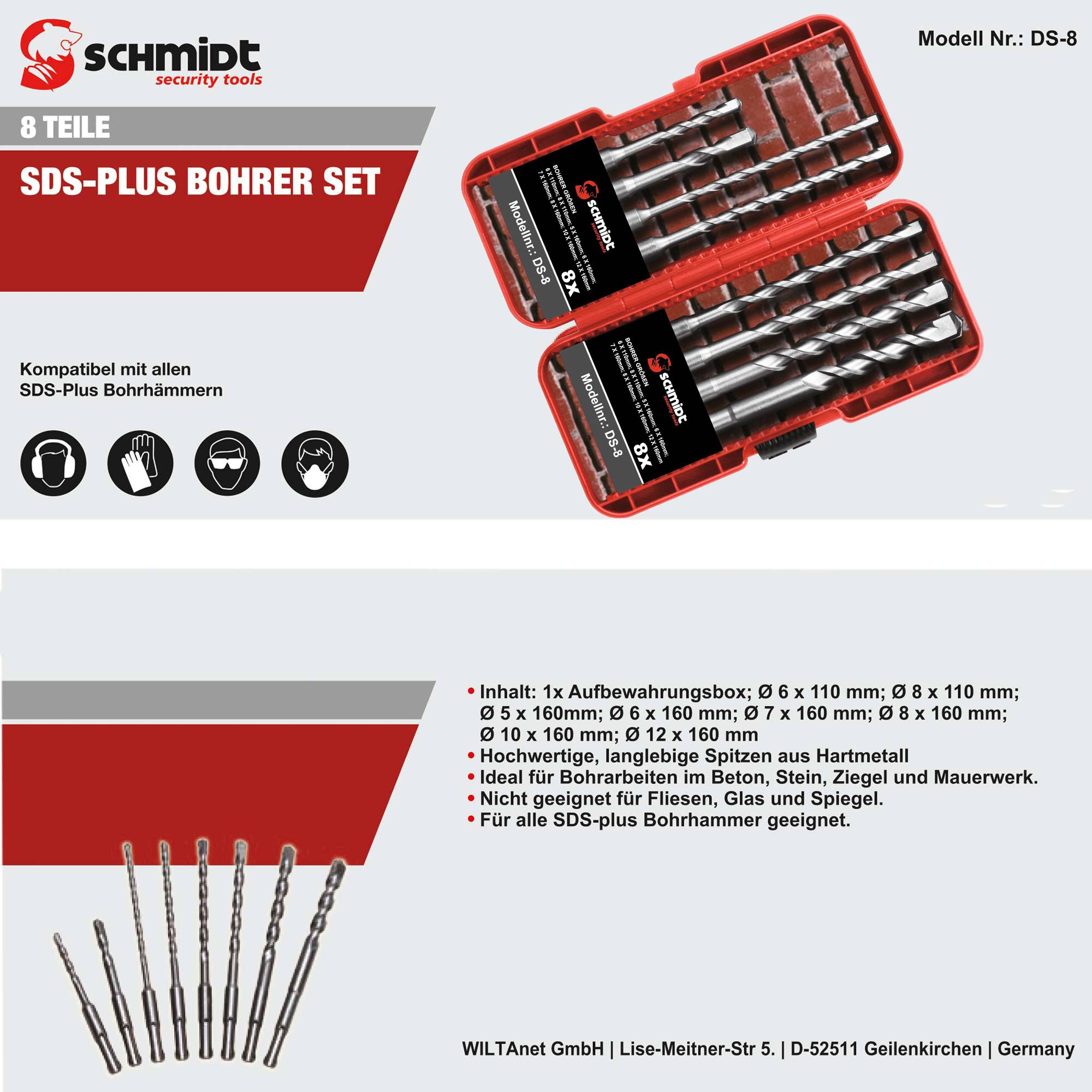 SCHMIDT security tools SDS-Plus Bohrer-Set 8-teilig Ø 5-6-7-8-10-12 mm SDS-Schaft Hammerbohrer Steinbohrer SDS+-2