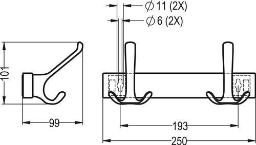 Huthakenleiste 0822-0823 3 Hak.A.96mm LM silberf.elox.H.102mm HERMETA-1