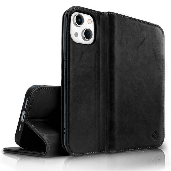 Echt Leder Hülle für iPhone 14 Plus, RFID Schutz Flipcase Klapphülle Schutzhülle Schwarz
