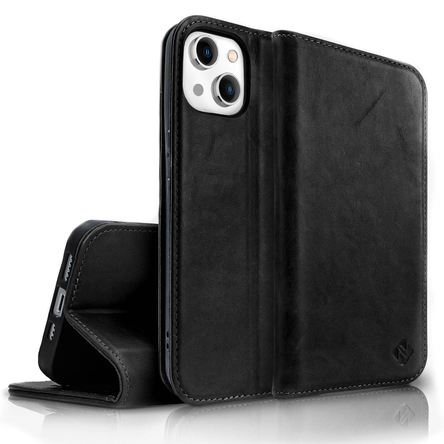 Echt Leder Hülle für iPhone 14 Plus, RFID Schutz Flipcase Klapphülle Schutzhülle Schwarz-0