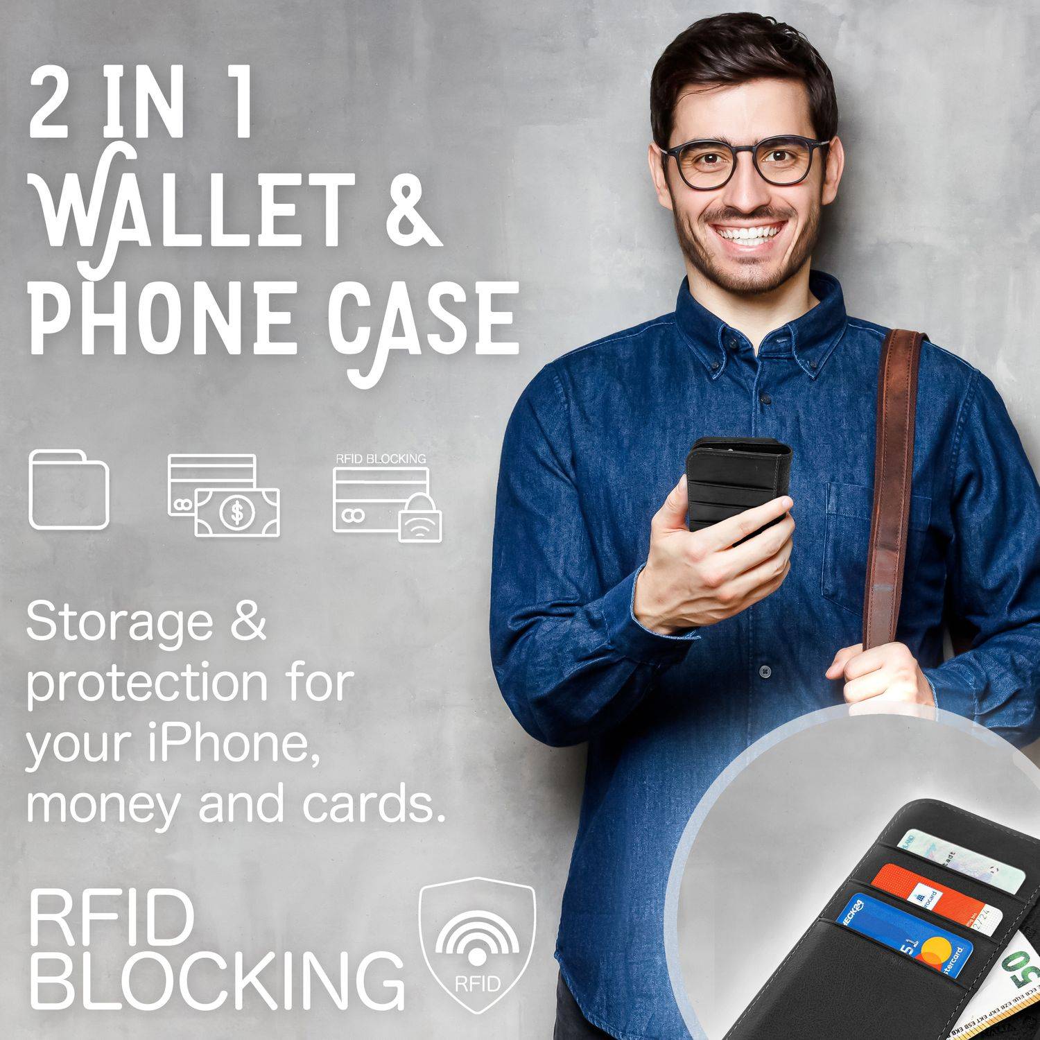 Echt Leder Hülle für iPhone 14 Plus, RFID Schutz Flipcase Klapphülle Schutzhülle Schwarz-2