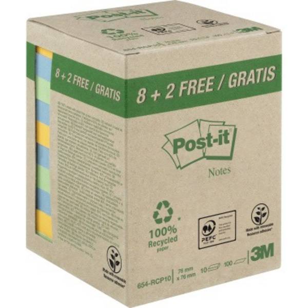 Post-it Haftnotiz Recycling Notes 654RCP10 76x76mm sort. 10 St./Pack.