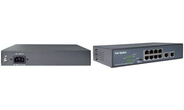 DIGITUS - 8-Port Fast Ethernet PoE Netzwerkswitch, Desktop, unmanaged, 2 Uplink Ports RJ45,120 W, af/at-5