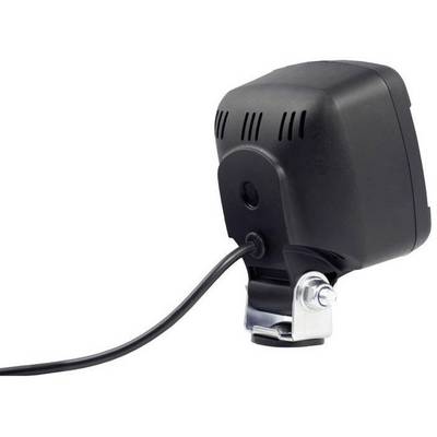 Eine schwarze Rückfahrkamera mit Kabel und Metallhalterung, geeignet zur Befestigung an Fahrzeugen für Rückansicht und Sicherheit.