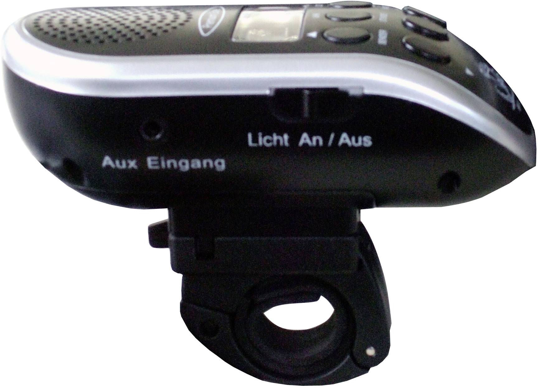 'Tragbares Audiogerät mit Fernlichtfunktion, zeigt Bedienelemente für Licht An/Aus und Aux-Eingang.'