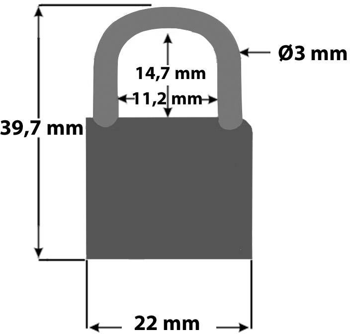 Abbildung eines Vorhängeschlosses mit Abmessungen: Gesamthöhe 39,7 mm, Breite 22 mm, Bügeldurchmesser 3 mm, Bügelhöhe 14,7 mm.