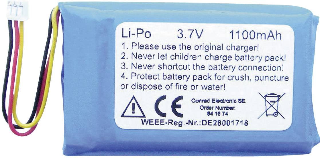 Blauer Li-Po-Akku mit 3,7V und 1100mAh. Warnhinweise: Nur Original-Ladegerät nutzen, nicht für Kinder, Anschluss nicht kurzschließen.