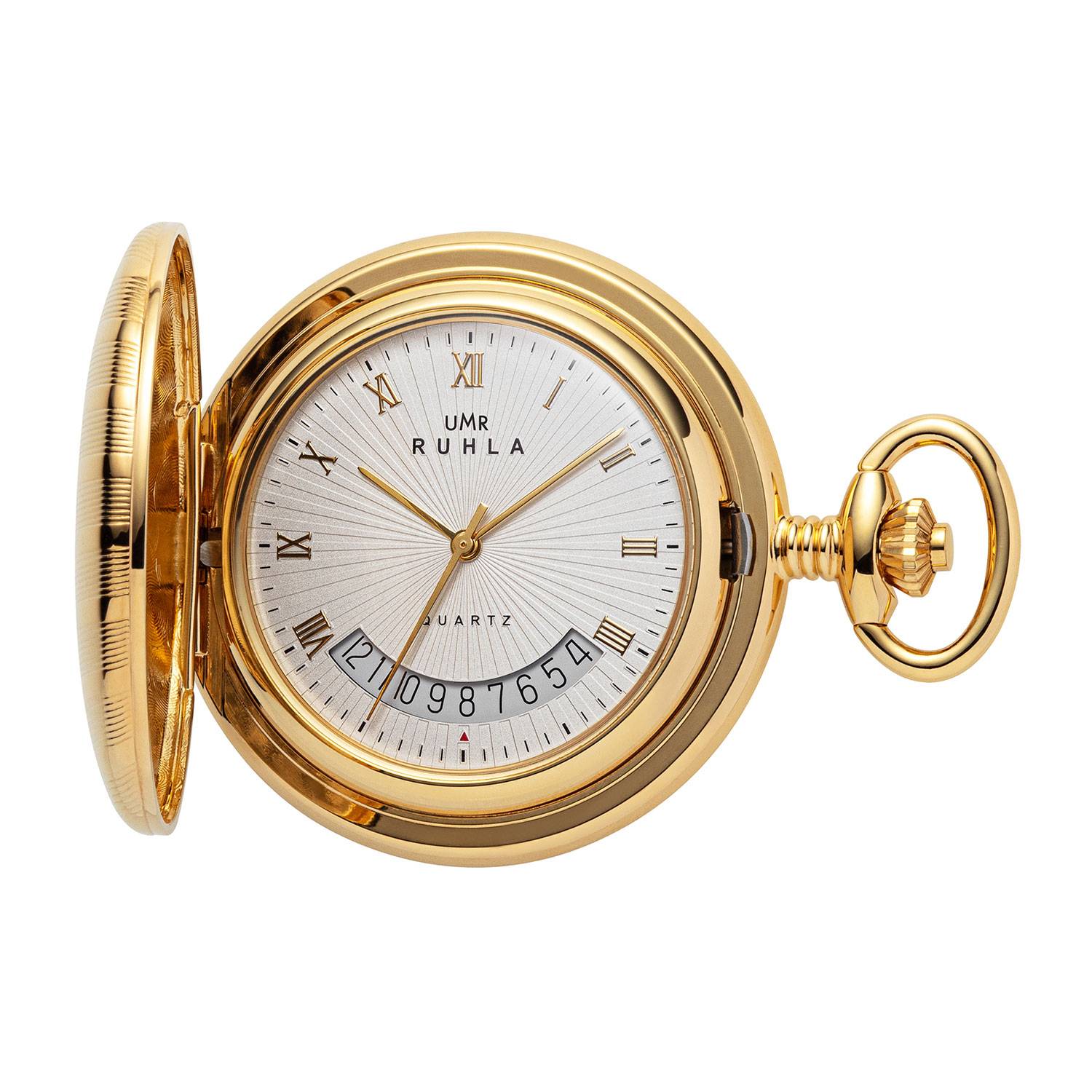 UMR RUHLA Taschenuhr TU-8836, Quarz, Edelstahl, Gold, Sprungdeckel-0