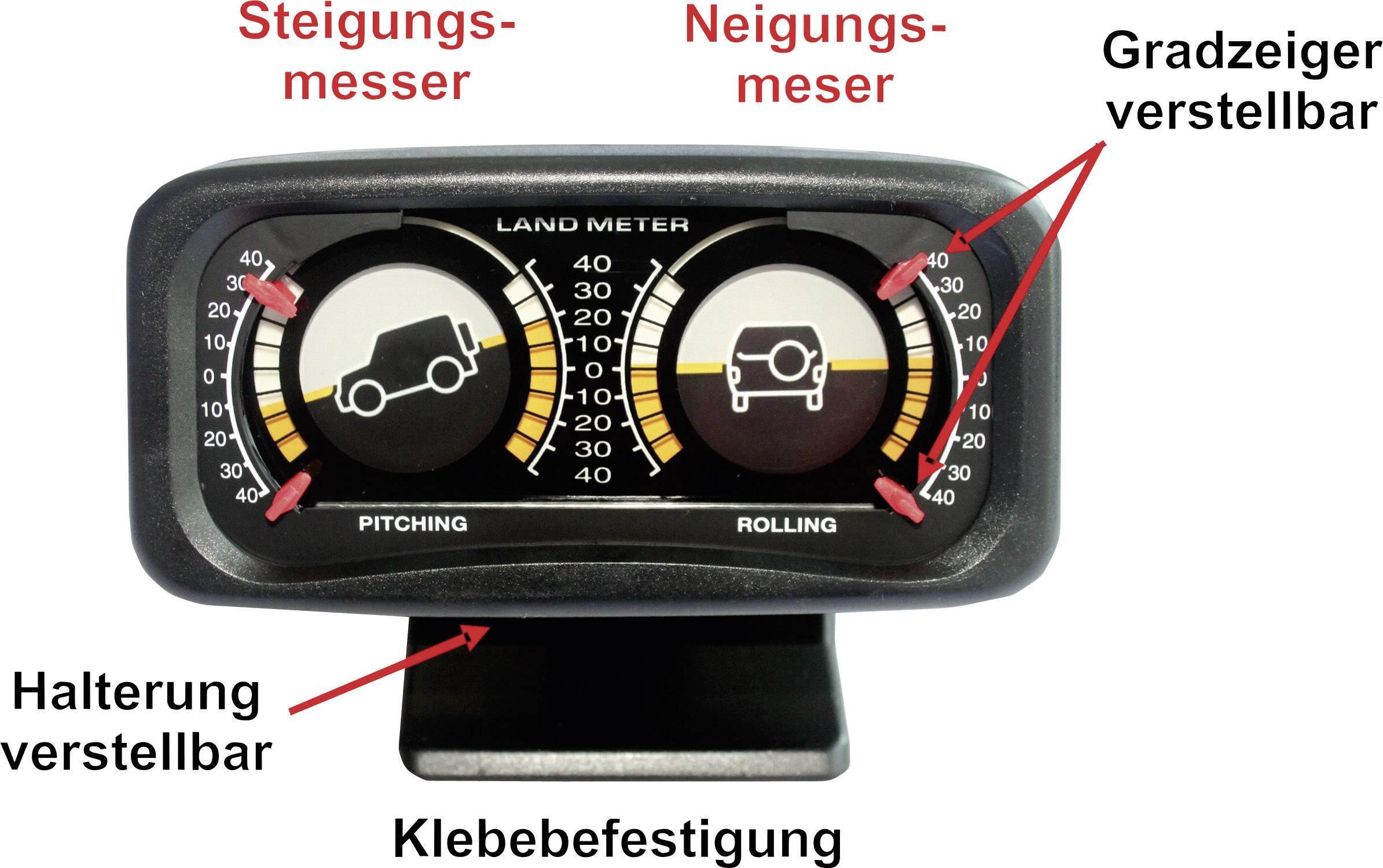 'Land Meter' zeigt Pitching und Rolling Messwerte, mit verstellbaren Gradzeigern und Halterung. Geeignet zur Neigungsüberwachung.