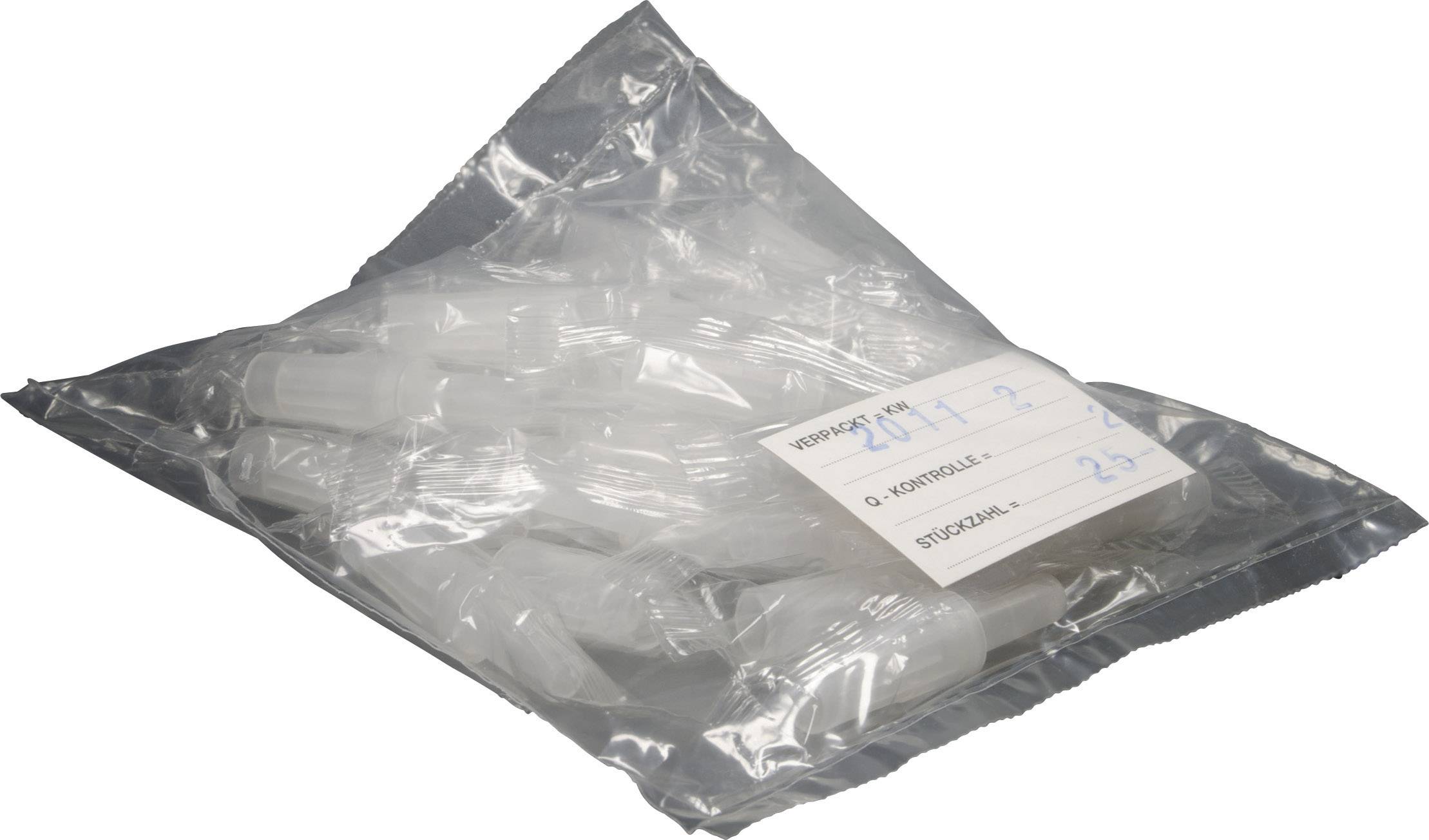 Plastiktüte mit mehreren leeren Plastikfläschchen, auf einem Etikett steht '2017-2', darunter 'Zentrifugen' und '95 Stück'.