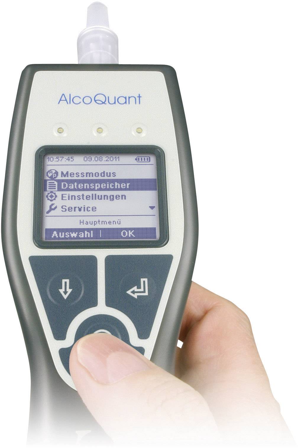 Ein tragbares Atemalkoholmessgerät, das von einer Hand gehalten wird. Auf dem Display sind die Optionen Messmodus, Datenspeicher und Einstellungen sichtbar.