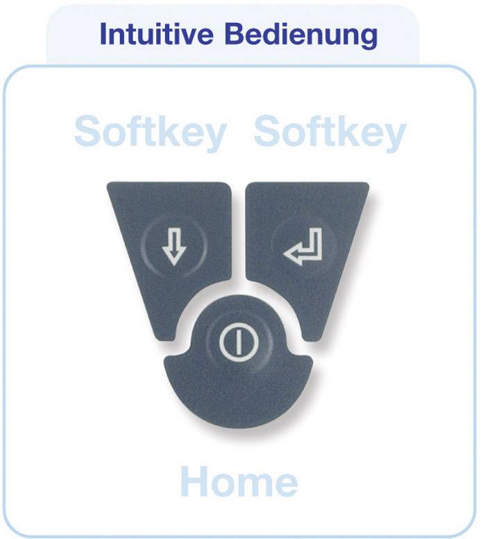 Bedienfeld mit drei Tasten: zwei Softkeys für Pfeilaktionen und eine Home-Taste. Titel oben: 'Intuitive Bedienung'.