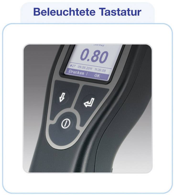 Beleuchtete Tastatur: Nahaufnahme eines Gerätes mit Display und Knöpfen, Anzeige zeigt '0.80', darunter Knöpfe 'Drucken' und 'OK'.