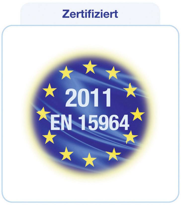 Blauer Kreis mit zwölf gelben Sternen, in der Mitte steht '2011 EN 15964'. Darüber der Text 'Zertifiziert'.