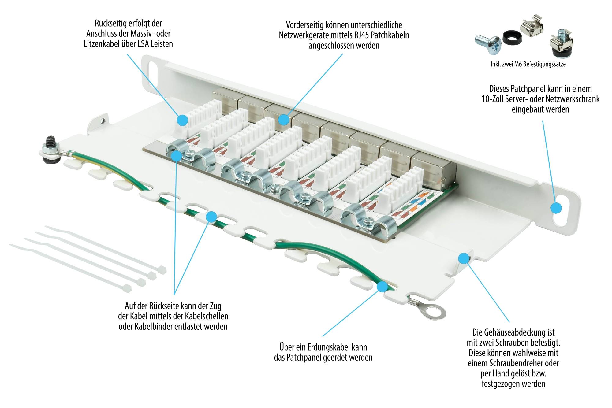 Patchpanel 10" Cat. 6A, 8-Port, 0,5 HE, STP geschirmt, werkzeugloses Öffnen, Reinweiß (RAL9010), Good Connections®-2