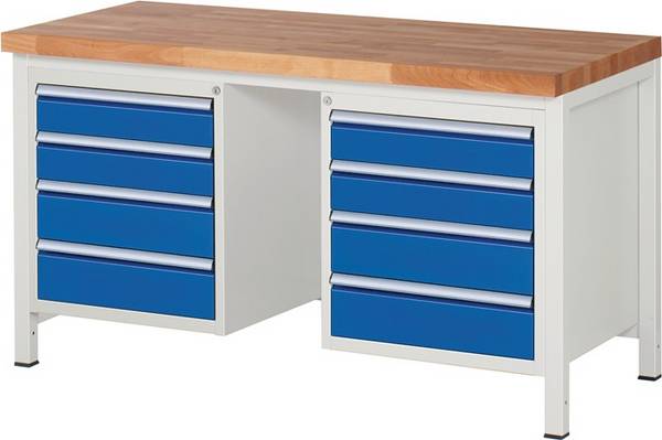Werkbank, BxTxH 1500x700x840 mm, 8 Schubladen: 4x120/4x150 mm, Platte Buche 40 mm, RAL 7035/5010