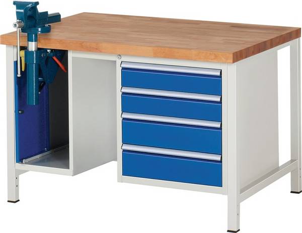 Werkbank, BxTxH 1250x900x840 mm, Platte Buche , 4 Schubl.: 2 x 120/2 x 150 mm, 1 Schraubstockschrank, Schraubstock m. Kl