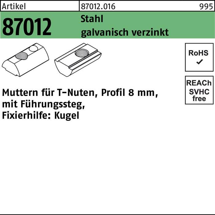 T-Nutenmutter R 87012 Führungssteg/Kugel 8mm M8 Stahl galv.verz. 100St.-0