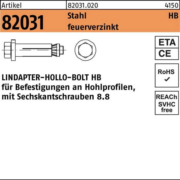 Hohlraumdübel R 82031 6-ktschraube HB 20-3 (150/86) 8.8 feuerverz. 1St LINDAPTER