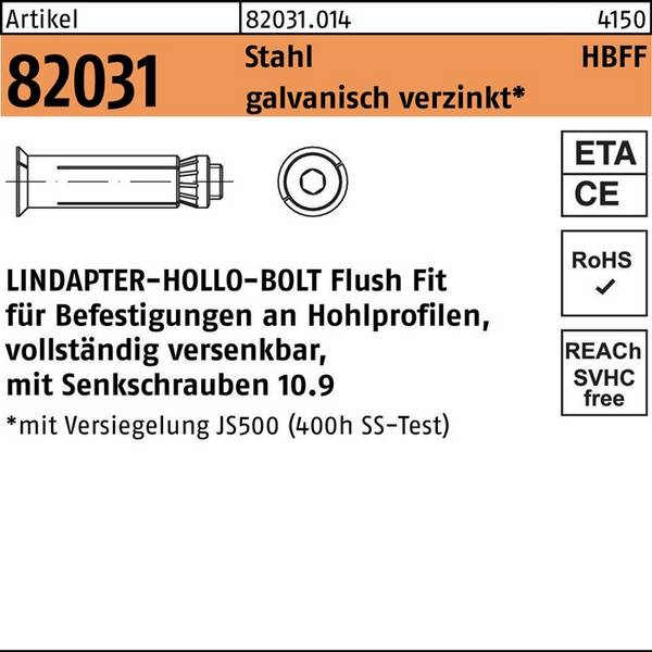 Hohlraumdübel R 82031 HBFF 10-2 ( 70/45) 10.9 galv.verz. 1St. LINDAPTER