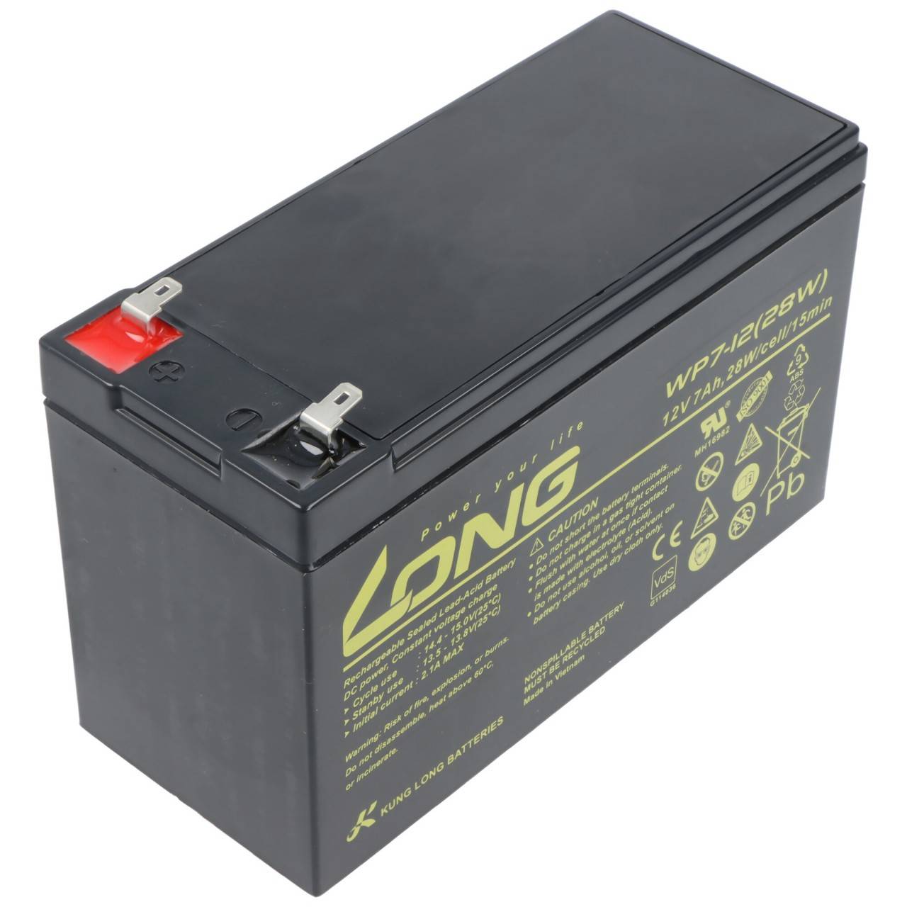 Kung Long wartungsfreier Blei-Akku WP7-12(28W) mit 4,8mm Faston Anschluss 12V/7Ah