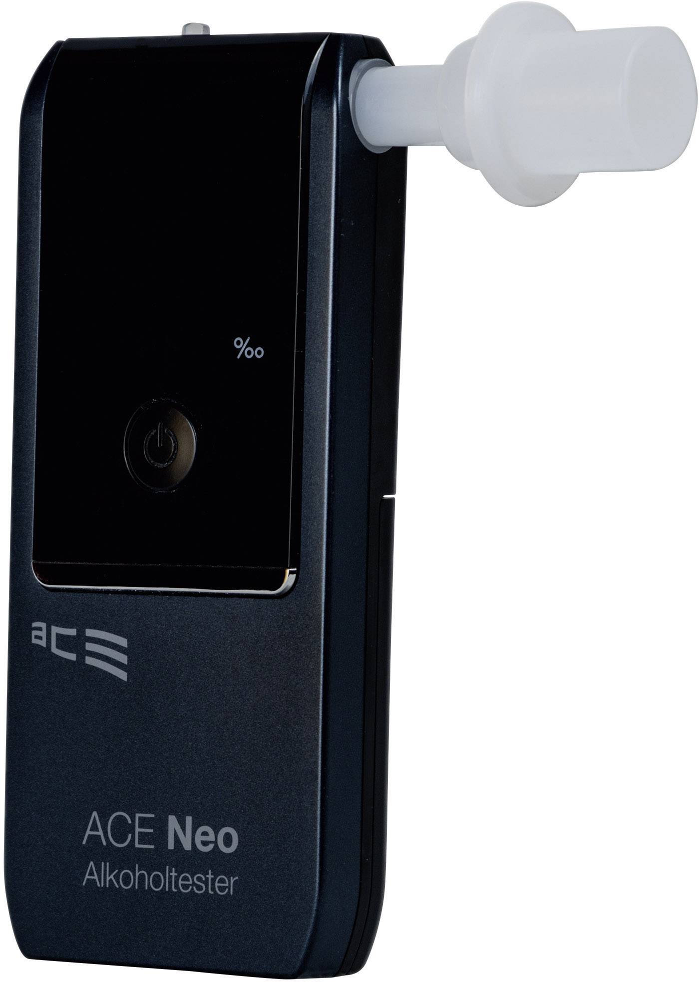 Alkoholtester mit Mundstück, schwarzes Gehäuse, Aufschrift 'ACE Neo'.