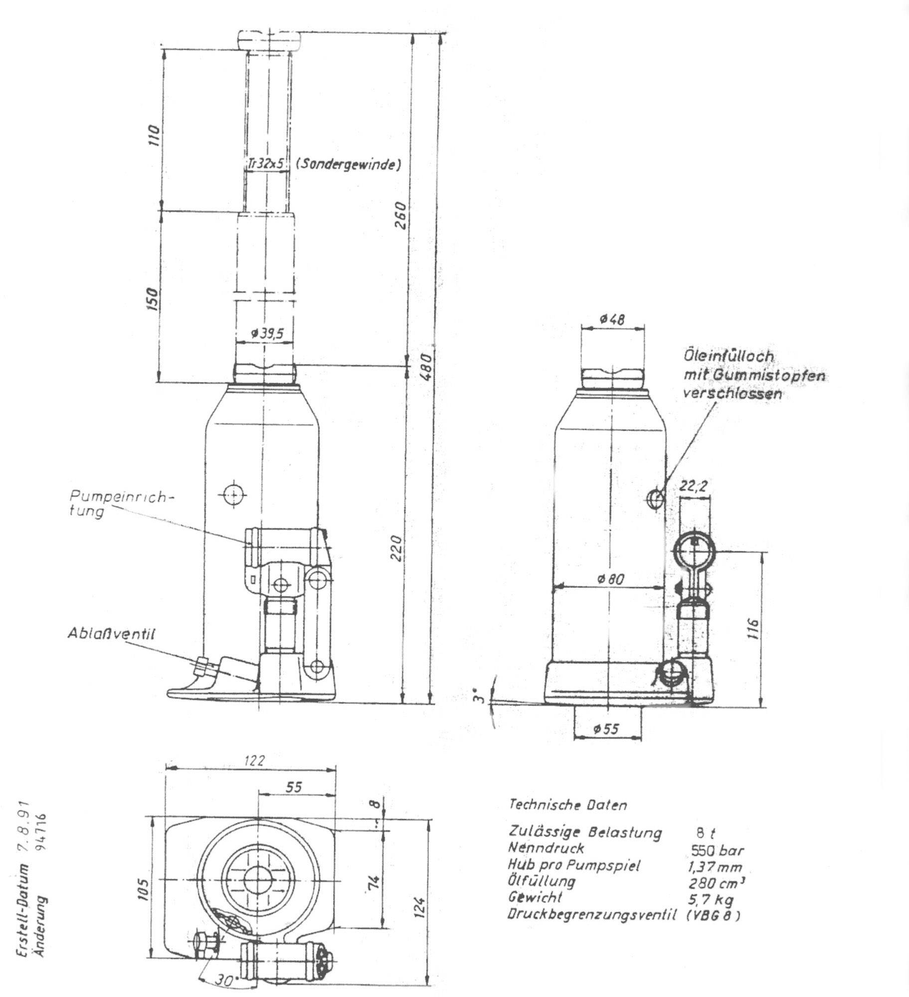 'Technische Zeichnung eines Wagenhebers mit Maßangaben und technischen Daten: Zulässige Belastung 5 t, Eigengewicht 8 kg, Hubhöhe 195 mm.'
