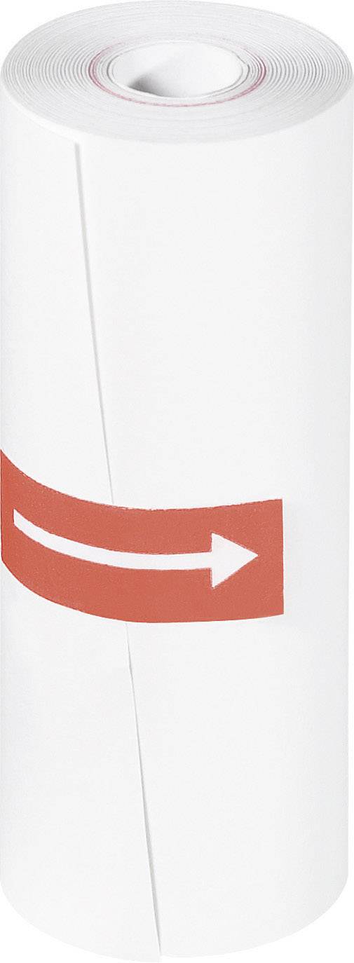 Eine weiße Papierrolle mit einem roten Etikett, das einen weißen Pfeil zeigt.