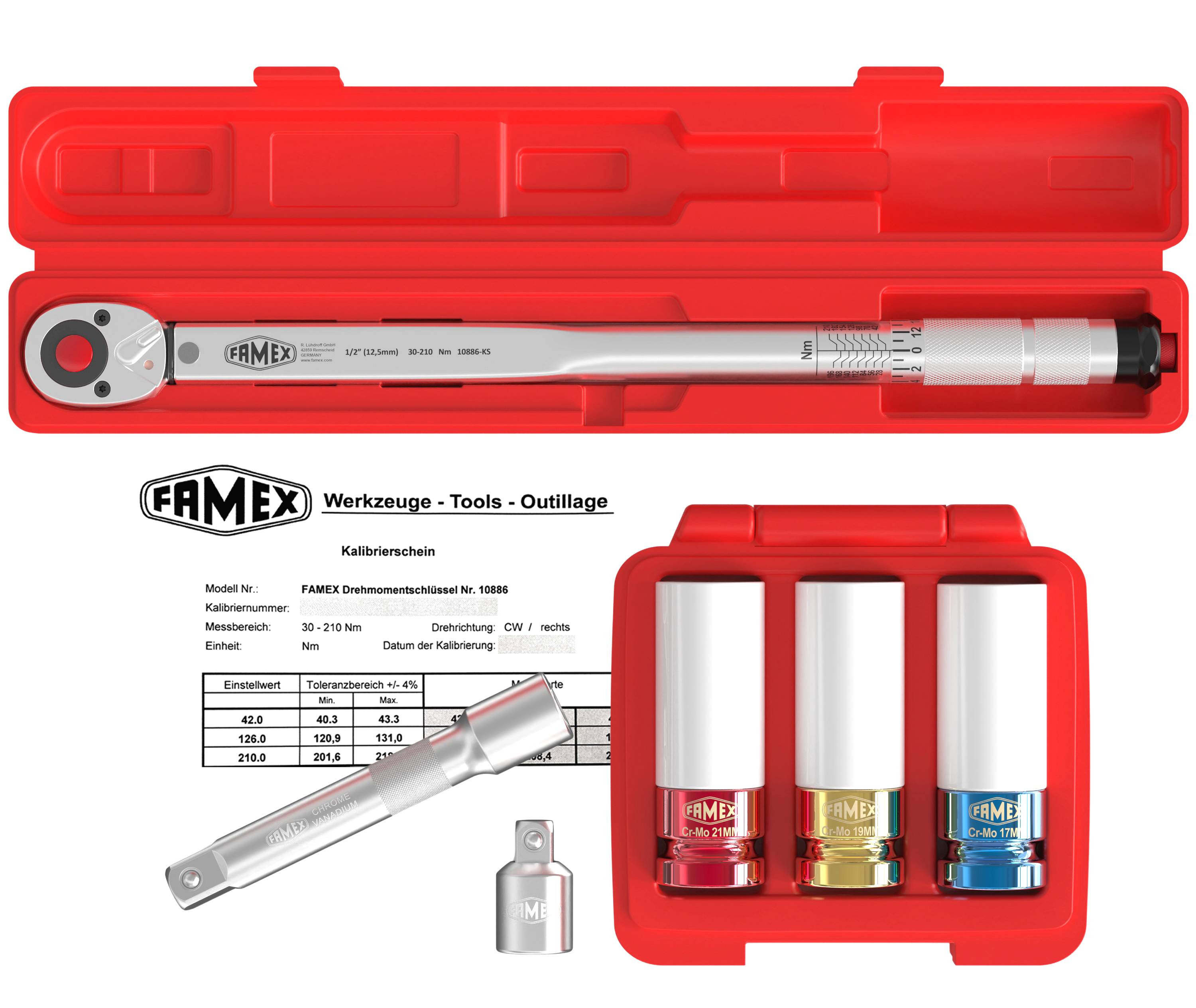 FAMEX 10905 Drehmomentschlüssel Set 1/2 Zoll (12,5mm) 30-210 Nm – Radwechsel Satz mit Gelenk-Drehgriff-1