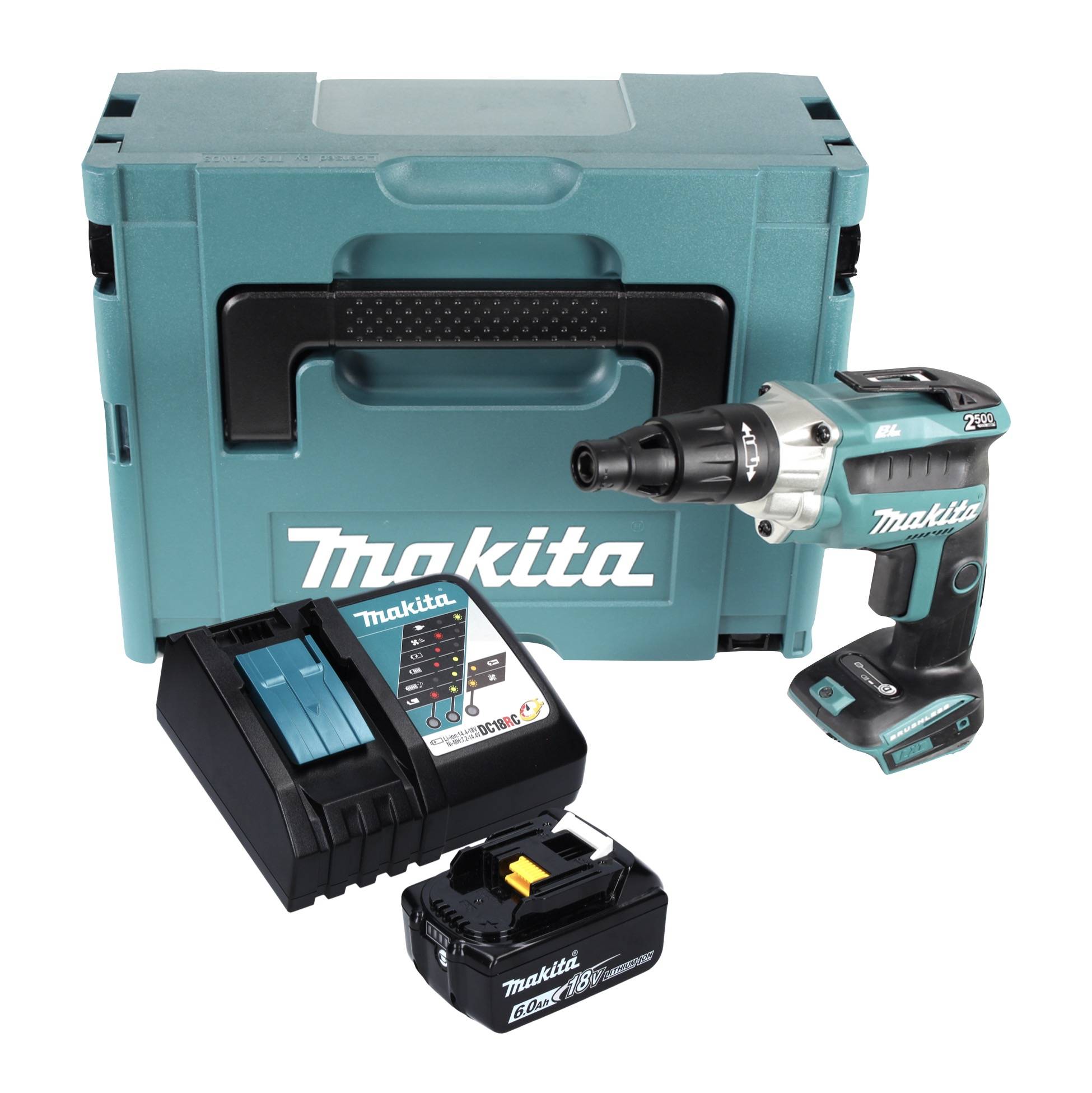 Makita DFS 251 RG1J Akku Trockenbauschrauber 18 V Brushless + 1x Akku 6,0 Ah + Ladegerät + Makpac-1