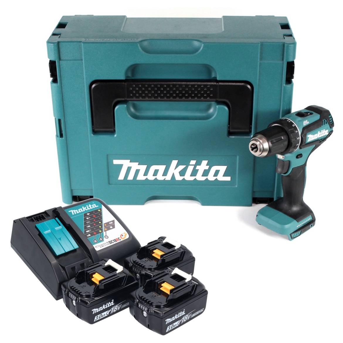 Makita DDF 485 RF3J Akku Bohrschrauber 18 V 50 Nm Brushless + 3x Akku 3,0 Ah + Ladegerät + Makpac-1