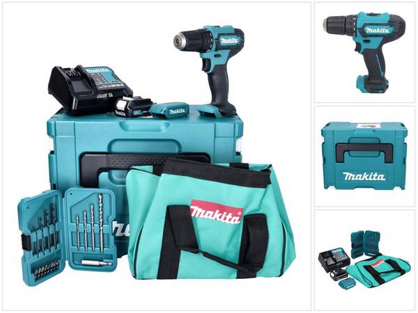 Makita DF 333 DSAX6 Akku Bohrschrauber 12 V 30 Nm + 1x Akku 2,0 Ah + Ladegerät + 17 tlg. Zubehörset + Kühlbox