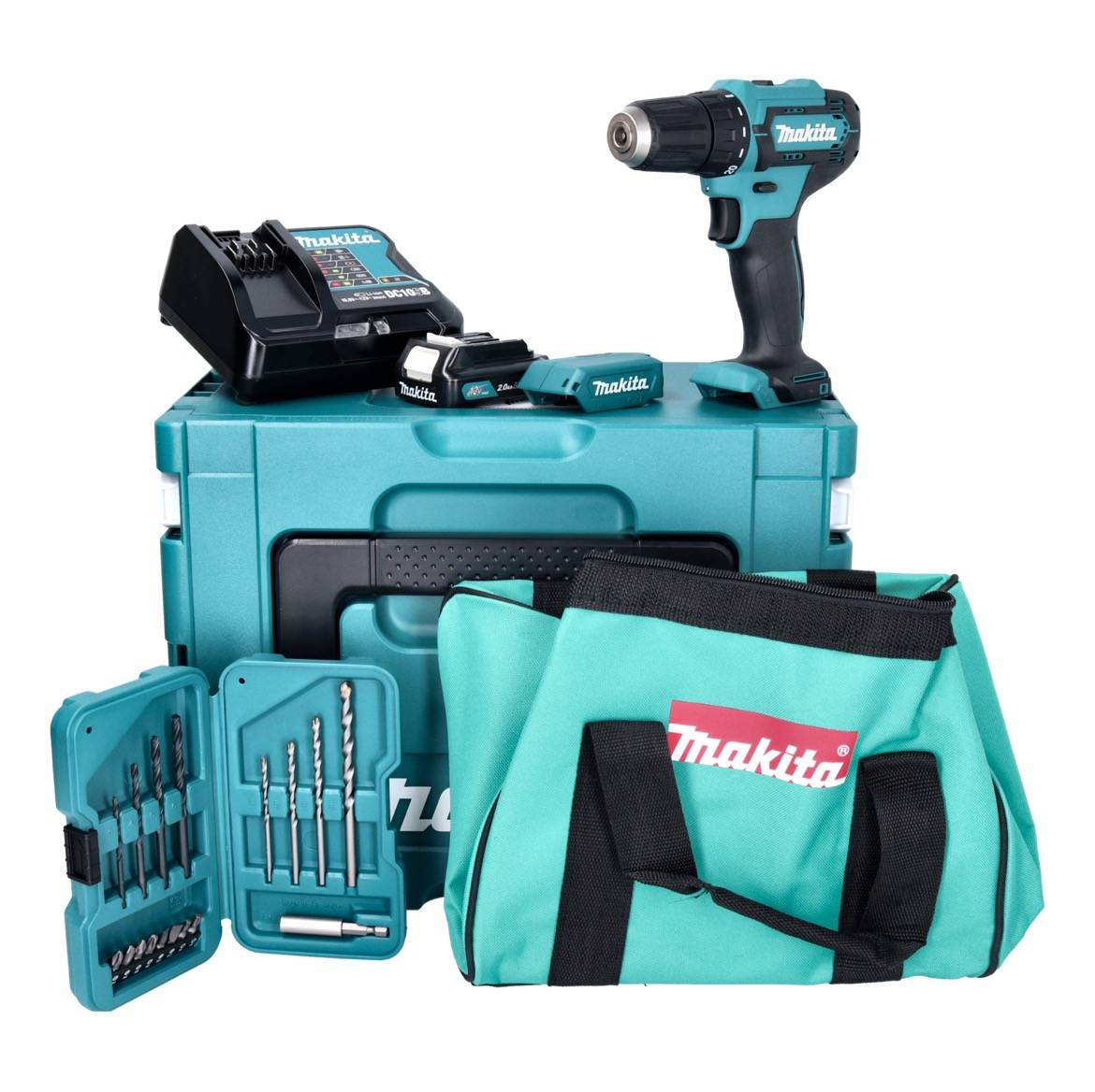Makita DF 333 DSAX6 Akku Bohrschrauber 12 V 30 Nm + 1x Akku 2,0 Ah + Ladegerät + 17 tlg. Zubehörset + Kühlbox-1