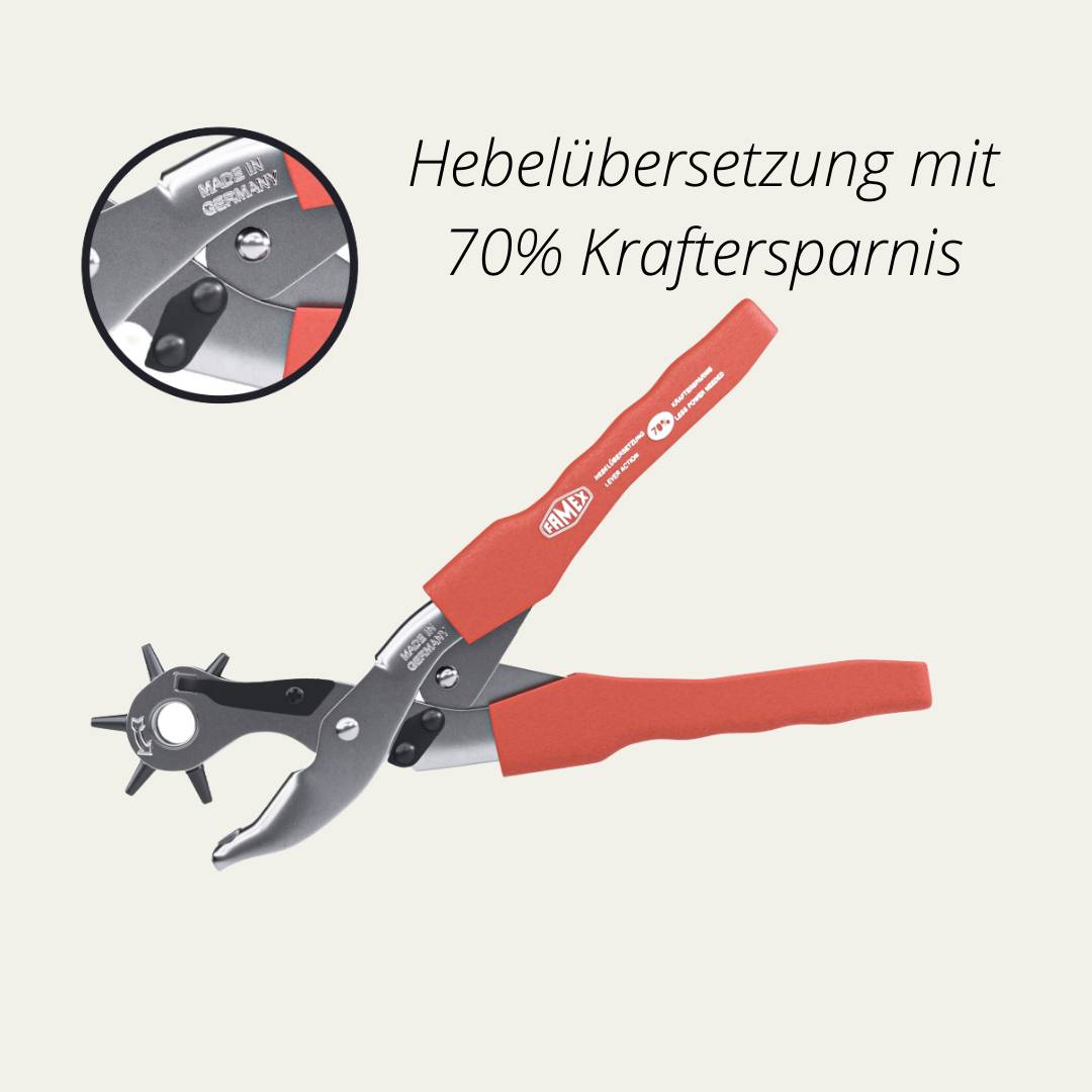 FAMEX 3519 Lochzange mit Hebelunterstützung ca. 70% Kraftersparnis - Revolverlochzange für Leder, Textilien, Kunststoff-2