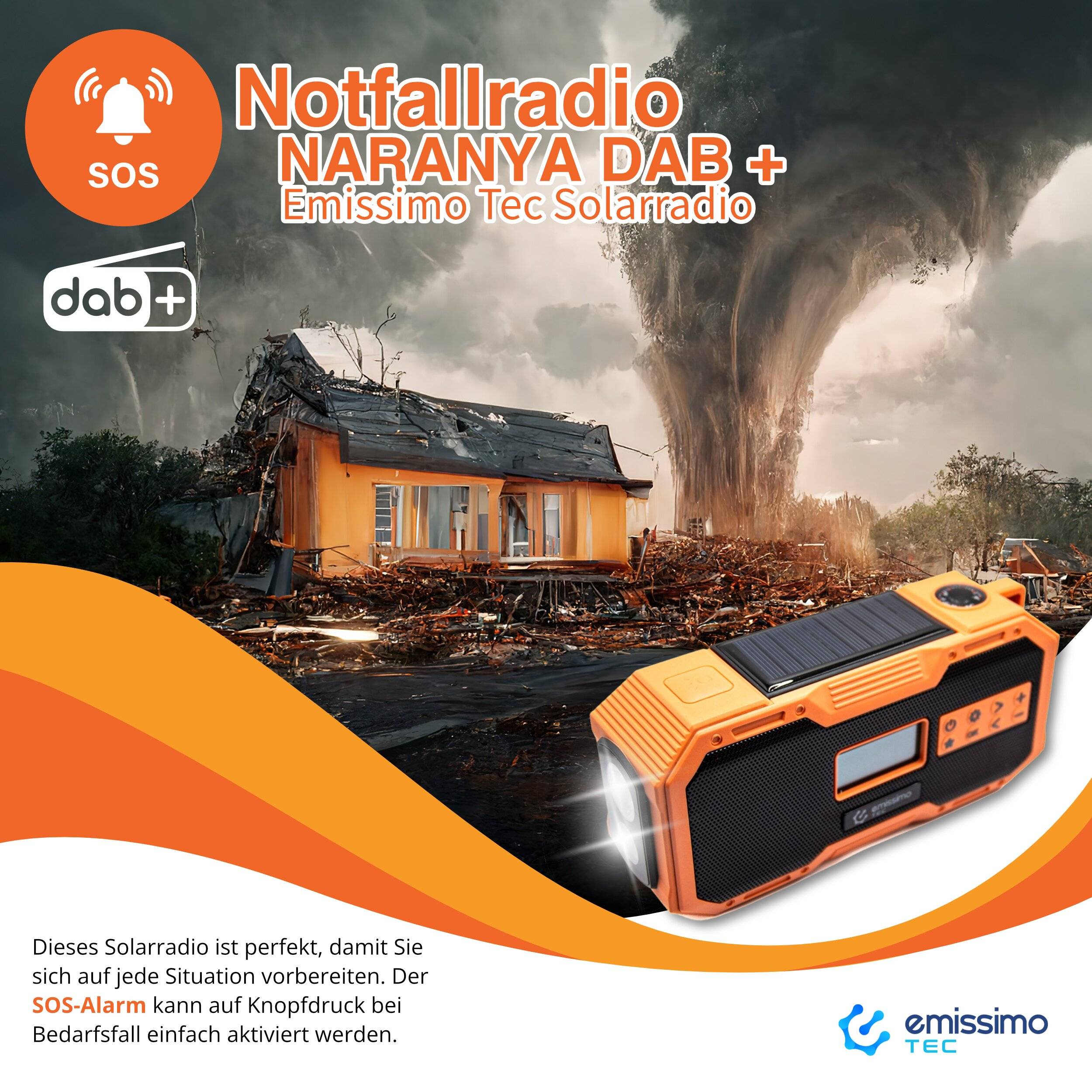 Emissimo Tec Naranya DAB+ Notfallradio Kurbelradio Solarradio Powerbank Taschenlampe USB-C Orange-6