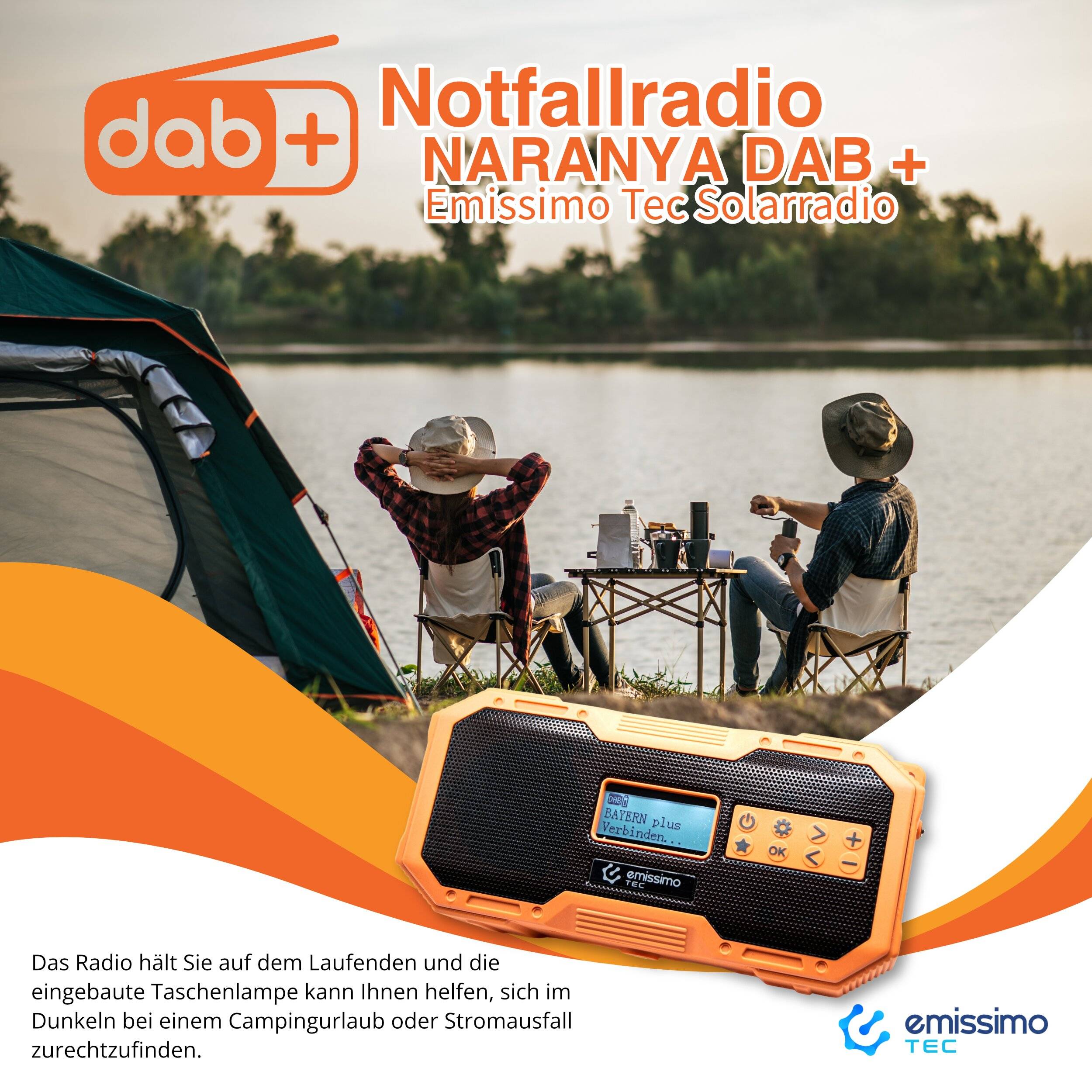 Emissimo Tec Naranya DAB+ Notfallradio Kurbelradio Solarradio Powerbank Taschenlampe USB-C Orange-3