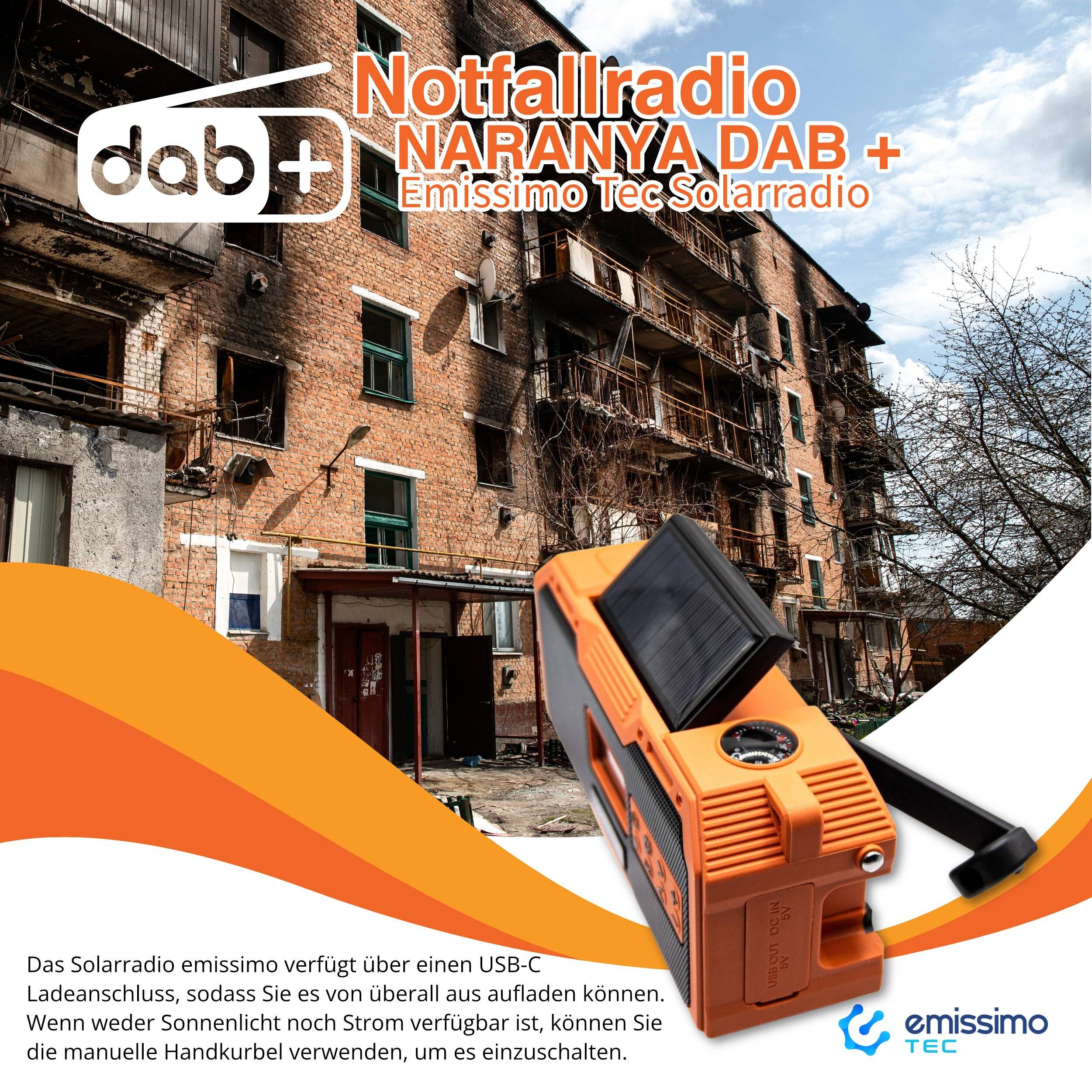 Emissimo Tec Naranya DAB+ Notfallradio Kurbelradio Solarradio Powerbank Taschenlampe USB-C Orange-4